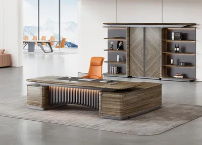 Image de Table de bureau marron-gris Tables de travail design Structure en bois Avec tiroirs