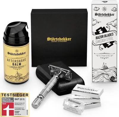Produktbild von Anti Hautirritationen Set - Rasierhobel Silber – Lederetui Schwarz - Rasierset / Bartpflege Set Herren - Geschenkidee Herren - After Shave Set