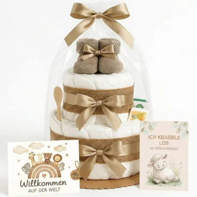 Productafbeelding van Omgoods - Luiertaart Meisje & Jongentje - Boho Vintage Cadeau voor Babyshowers