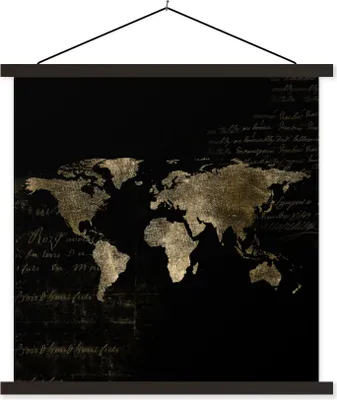 Produktbild von MuchoWow® Textilposter Weltkarte - Gold - Briefe 90x90 cm mit schwarzem Rahmen - Magnetisches