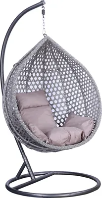 A hanging egg chair with cushions, isolated on a white background.
