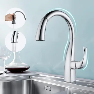 Obrázek produktu pro Kuchyňská baterie, otočná o 360 stupňů, s výsuvnou sprchovou hlavicí a dvěma režimy proudu, nerezová ocel