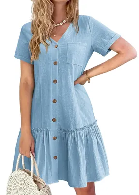 Productafbeelding van Zomerjurk met V-hals - Casual - A-lijn - Korte mouwen - Tot knielengte - Houten knopen