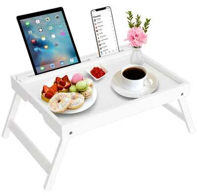Imagen del producto de Mesa plegable, color blanco, ideal para desayunos y para usar con un portátil