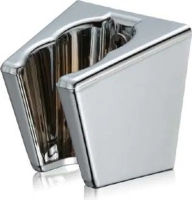 A chrome-plated shower head holder is shown against a white background.