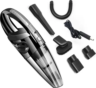 A handheld vacuum cleaner and its accessories are displayed on a white background.