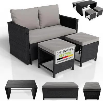 A black and gray outdoor furniture set, including a sofa and ottomans, displayed on a white background with smaller views of the individual pieces at the bottom.