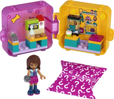 A LEGO Friends Andreas's Pet Shop Magic Cube toy set is displayed with a mini-figure and a mystery accessory bag.