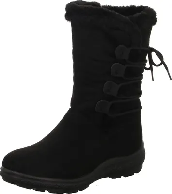A black women's boot on a white background.