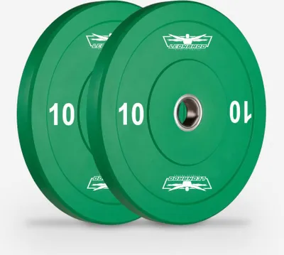 Two green weightlifting bumper plates with '10' and a logo printed on them, set against a light gray background.