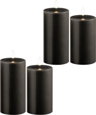 Produktbild von 4er Set Led Kerzen flackernde Flamme mit Echtwachspiegel grau 7,5cm ø 2x 15 cm, 2x12,5 cm Höhe, LED Kerzen mit Timerfunktion, 2 AA Batterien nötig, LED Echtwachs Stumpenkerzen grau