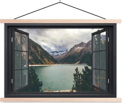 Produktbild von MuchoWow® Textilposter Aussicht - Berg - See 120x80 cm mit holzfarbenen Rahmen - Aufhängeset