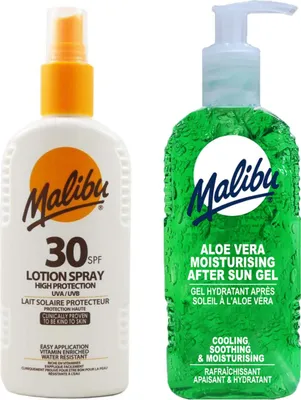 Productafbeelding van Malibu SPF30 waterbestendige zonnebrandspray 200 ml + Aloe aftersun gel 200 ml Bruiningsset