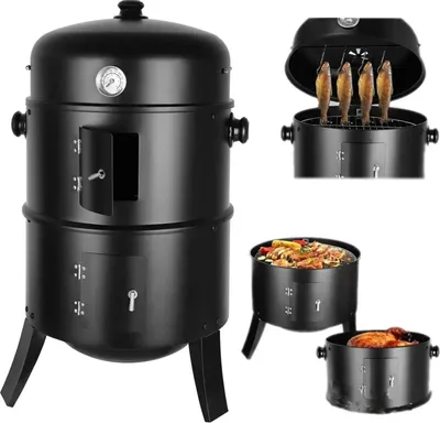 Immagine prodotto di Affumicatore BBQ - Botte a carbonella 3 in 1 - bollitore - termometro a coperchio - 2 griglie in acciaio inox - 78 x 44,5 x 44,5 cm - Rosso