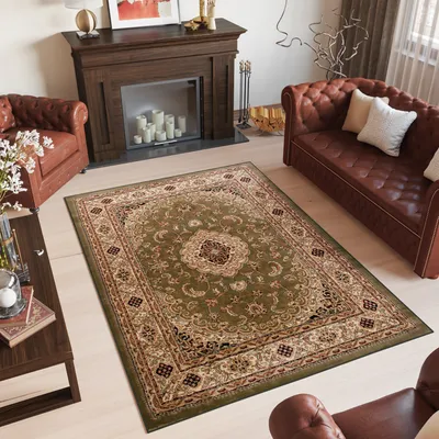 Produktbild von Teppich Wohnzimmer Schlafzimmer Kurzflor Design Klassisch Muster Floral Grün Beige  200 x 300 cm