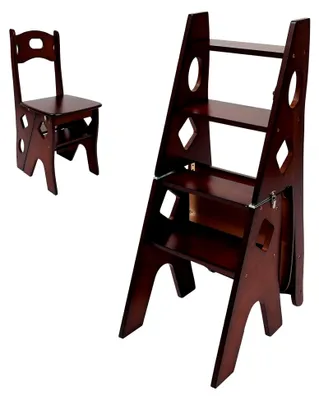 Produktbild von Klapphocker mit Leiter | 2-in-1 Sitzleiter aus Massivholz (Kiefer) | 4 Stufen & 100kg Traglast für Küche, Wohnzimmer & Garten | Klappbar & Platzsparend (Walnuss)