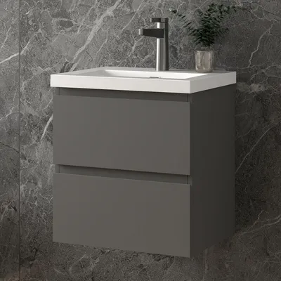 Produktbild von 50 cm Badmöbel-Set Unterschrank mit Rechteckiges Waschbecken 2 Schubladen soft-close Anthrazit Matt Selbstmontierter