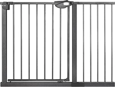 Imagen del producto de Puerta automática para vallas de jardín para bebés: puerta oscilante sin necesidad de taladrar, de 105-115 cm de ancho, para dos niños, ideal para cercados para perros. Color: