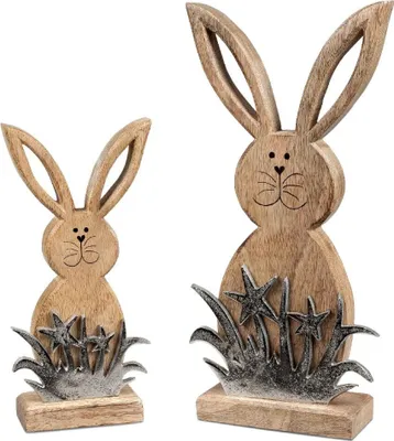 Produktbild von Geschenke und Dekoration zu Ostern- Hase mit Gras 34x16cm aus massivem Mango-Holz 1 von 2