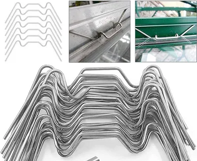 A collage of images showing greenhouse clips, including a close-up of how they attach to a greenhouse frame.