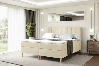 Produktbild von ALTDECOR Boxspringbett mit Holz Füßen, Matratze und Lattenrost, Boxbett, Topper, Polsterbett mit Bettkasten, Bett mit Stauraum H3-Matratze, Doppelbett - OTTA-FD- 200x200 Beige Samt