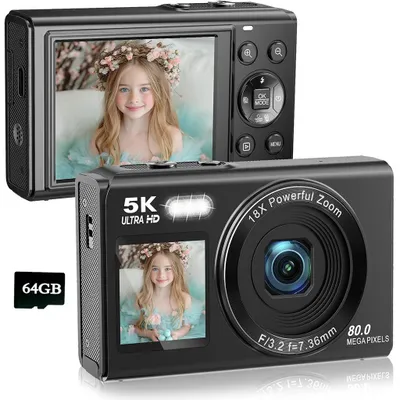 Obrázok produktu pre ZELURXX 5K digitálny fotoaparát, 80MP, 18x zoom, duálny displej, WLAN, Ultra HD kamera, ideálny na selfie, vlogovanie a každodenné fotografovanie, 64GB, čierny
