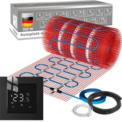 Produktbild von VILSTEIN® Elektrische Fußbodenheizung [150W/m²] - Bodenheizung Elektrisch geeignet für Laminat, Fliesen & mehr - Elektro Fussbodenheizung - Elektrische Heizmatte Fußboden - Thermostat schwarz (24x0.5m - 12qm)