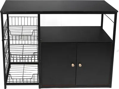 A black kitchen storage cabinet with shelves and a cupboard.