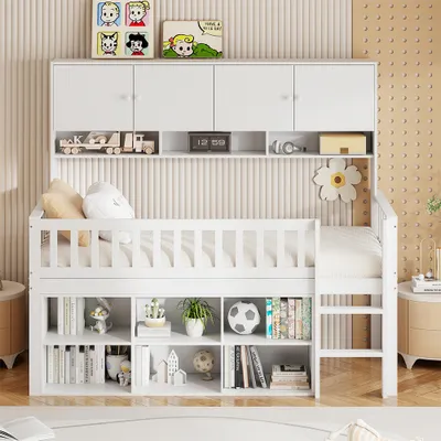 Produktbild von Kinderbett aus Holz 90*200 cm, mit Staufach, mit Schließfächern und Sicherheitsleiter, Einzelbett, Kinderbett, weiß