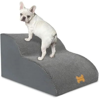 Immagine prodotto di Scala per cani a 2 gradini, colore grigio, dimensioni 55x40x30 cm. Realizzata in spugna ad alta densità, con rivestimento removibile e lavabile, e superficie antiscivolo