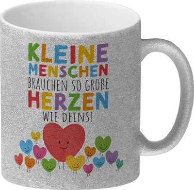 Produktbild von Herzen Glitzer-Kaffeebecher mit Spruch Große Herzen für kleine Menschen