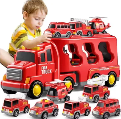 Produktbild von Grosses Feuerwehrauto Mit Motorisierten Autos, Hubschrauber, Musik, Led-Lichtern 7In1