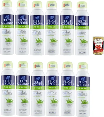 Produktbild von Felce Azzurra Deodorant deo Spray Fresh mit Aloe Vera, IdraTalc Formel, 48 Stunden Wirksamkeit, Fleckenlos 12x 150 ml + Italian Gourmet polpa 400g