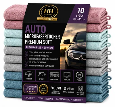 Produktbild von Auto Microfasertücher Premium Plus 600 GSM 30 x 40 cm 10er Set Soft, KI-generiertes Bild