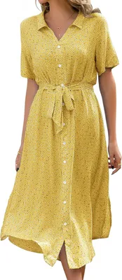 Produktbild von ASKSA Damen Sommerkleid Kurzarm Casual V-Ausschnitt Blumendruck Kleider Strandkleider y Schlitz Midikleid mit Guertel (Gelb,M)