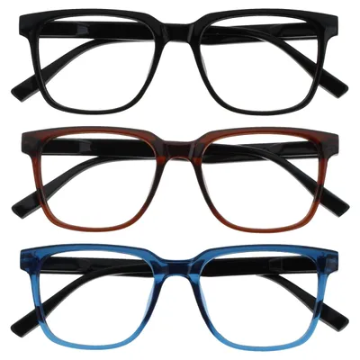 Produktbild von OPULIZE LEO Lesebrille - 3er-Pack - Großes Rechteckiges Gestell - Schwarz, Braun, Blau - Herren Damen - Federscharniere - RRR55-123 - +3.50