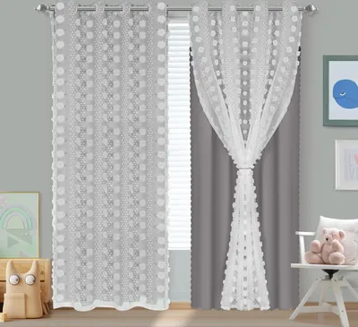 Produktbild von 2 Stück Vorhang mit PomPom und Tüll Doppelschichtige Ösen Vorhänge Gardinen für Kinderzimmer, Grau, 132x243cm