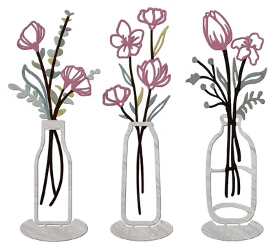 Produktbild von 3-teiliges Metall Wanddeko Set mit Blumen und Vasen, Pastellrosa Wandvase für Küche, Wohnzimmer und Flur, Tisch- und Desktop-Dekoration, Langlebige Innendekoration