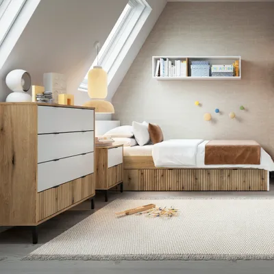 Produktbild von Jugendzimmer Set RISBY-129 mit Bett 120x200 cm in Eiche mit weiß und Rillen Design
