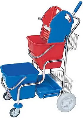 Produktbild von Splast verchromter Putzwagen mit Moppresse, 2 Körben und 2 Plastikeimern je 20l