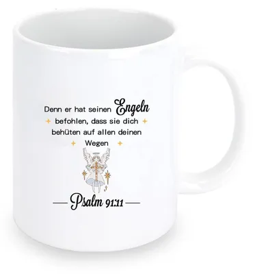 Productafbeelding van Christelijke mok met bijbelvers Psalm 91:11, wit, 330 ml, keramiek