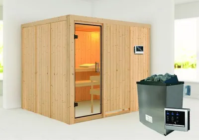 Produktbild von Karibu Sauna Innensauna Gobin Fronteinstieg Ofen 9 KW externe Strg easy 231x196x198 cm ohne Dachkranz mit Klarglastür