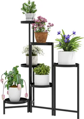 Produktbild von Verstellbarer Blumentopfständer mit 6 runden Ebenen, Metall Eckregal für Pflanzen, Schwarz - Platzsparende Blumenständer für Innenbereich