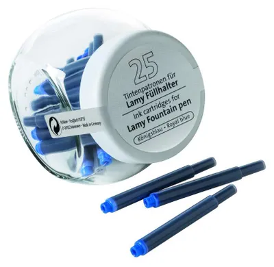 Produktbild von Pelikan 105908 Tintenpatronen für LAMY Füllfederhalter – Set mit 25 Stück – Königsblau – In Glasverpackung