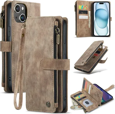 Image de Étui en cuir pour iPhone 15 Plus, étui en cuirPolyuréthaneavec fermeture à glissière, fermeture magnétique, pochette pour cartes, support, étui portefeuille Marron