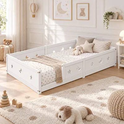 Zdjęcie produktu dla Łóżeczko dziecięce INONEFT, wymiar 140x200 cm, z barierami ochronnymi, rama z motywami gwiazd i księżyców, łóżeczko dla małych dzieci, łóżeczko Montessori, bez materaca, białe