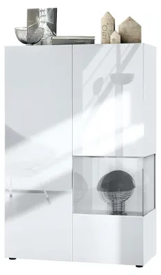 Produktbild von Vitrine Morena V2, Standvitrine mit 2 Türen und Glaseinsatz, Korpus Weiß matt, Fronten Weiß Hochglanz, Cube Weiß Hochglanz (91,5 x 136,5 x 37 cm)