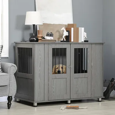 Image de Cage pour chien à 2 portes, cage pour chien aspect bois, cage grillagée pour chien, gris | 114 x 60 x 82 cm | aggloméré et acier | pieds réglables en hauteur