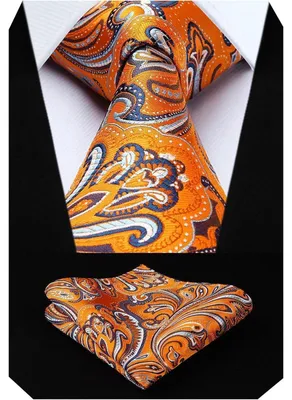 Productafbeelding van Set met das en zakdoek, paisleyprint, oranje/wit