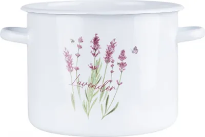 A white enamel pot with a lavender design and the word "lavender" written on it.